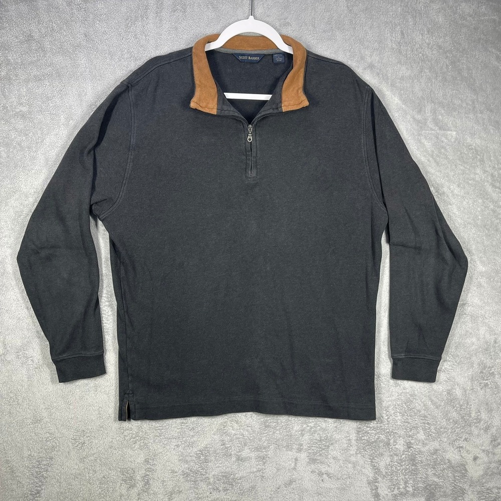 Scott Barber Quarter Zip Pullover Men Large Charcoal Grey Pima Cotton Tan Trim